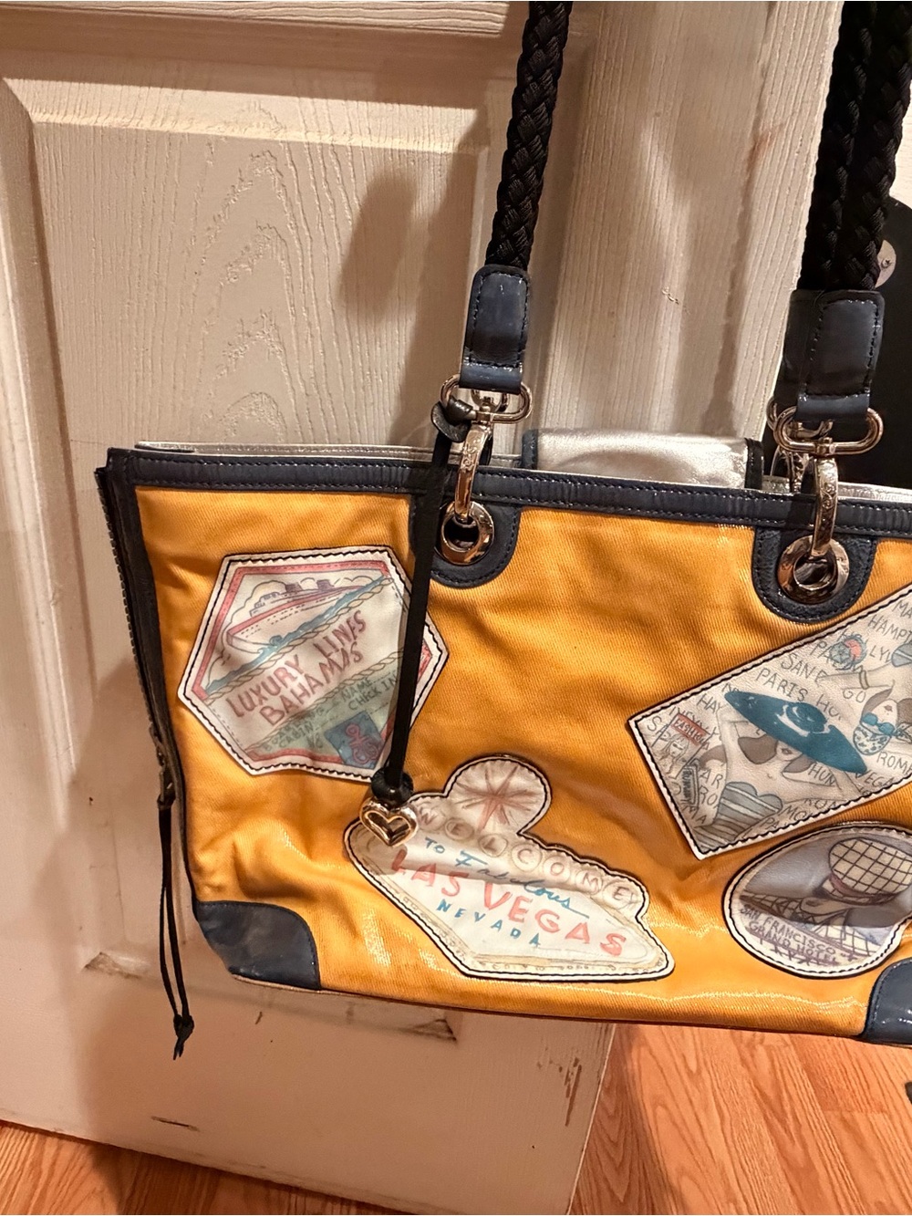 Brighton Yellow Patch Travel Tote with Navy Trim
